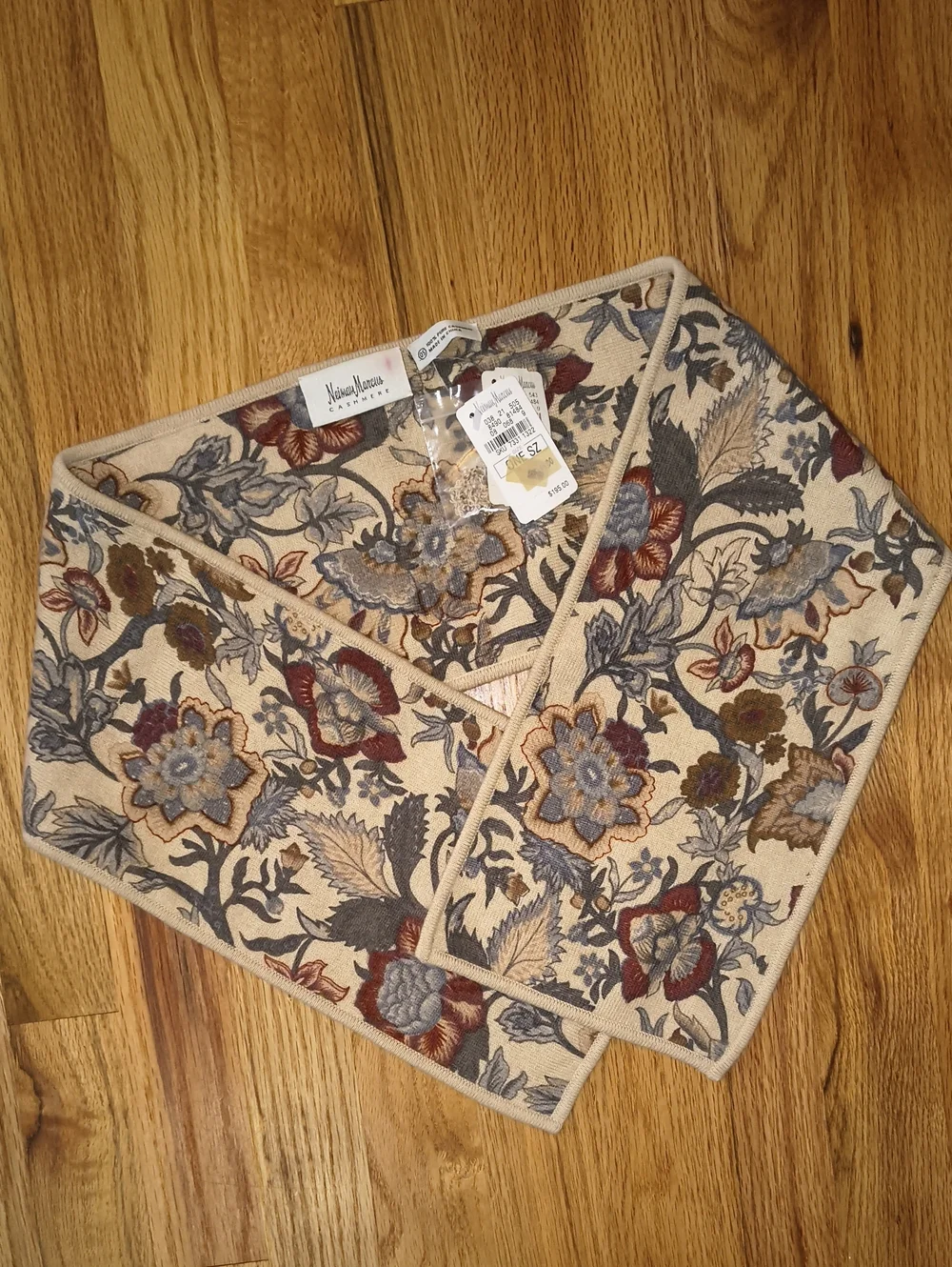 Neiman Marcus Beige Floral Tapestry Scarf with Blue & Rust Embroidery